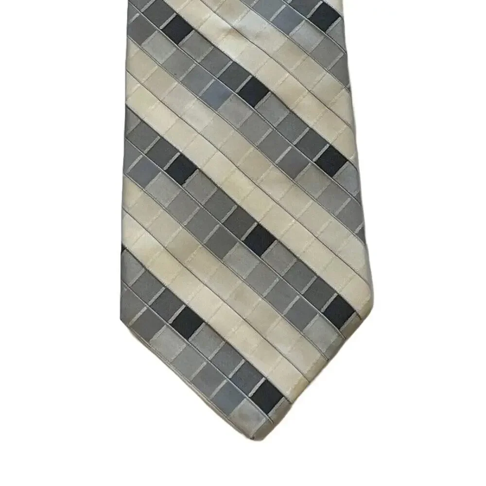 Murano Italy Gray, Ivory, Geometric Print Silk Tie, Y2K, 59.5 by 3.5